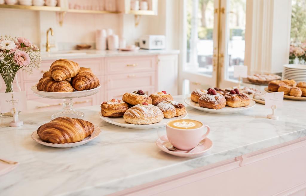 Croissants und Latte auf Marmortheke